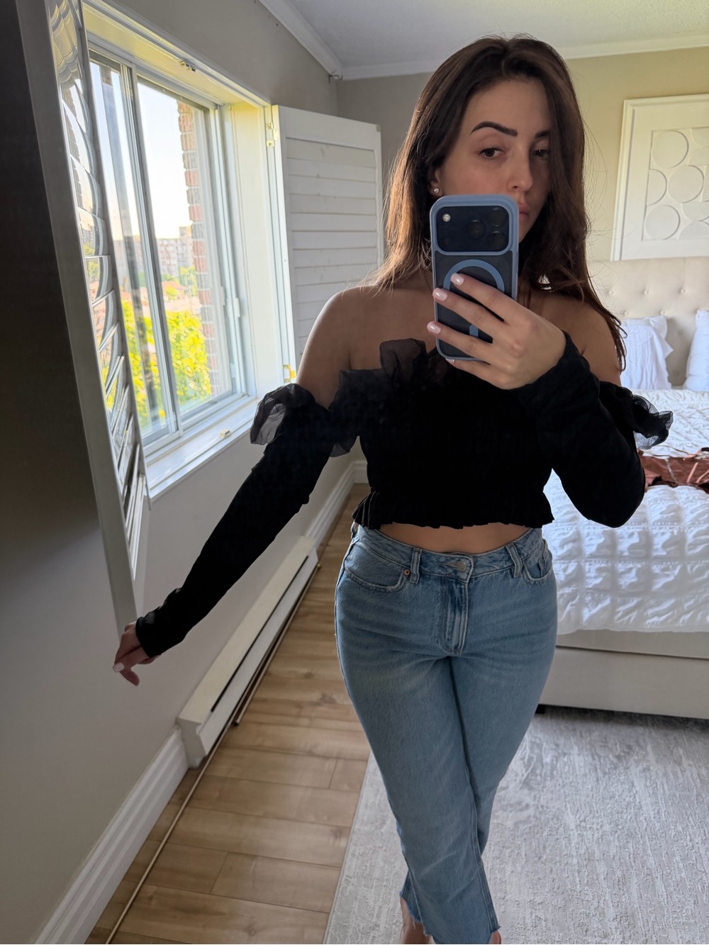 Black Off-Shoulder Ruffle Crop Top